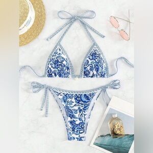 Blue Bohemian Print Lace-Up Sexy Bikini Split Swimsuit Set